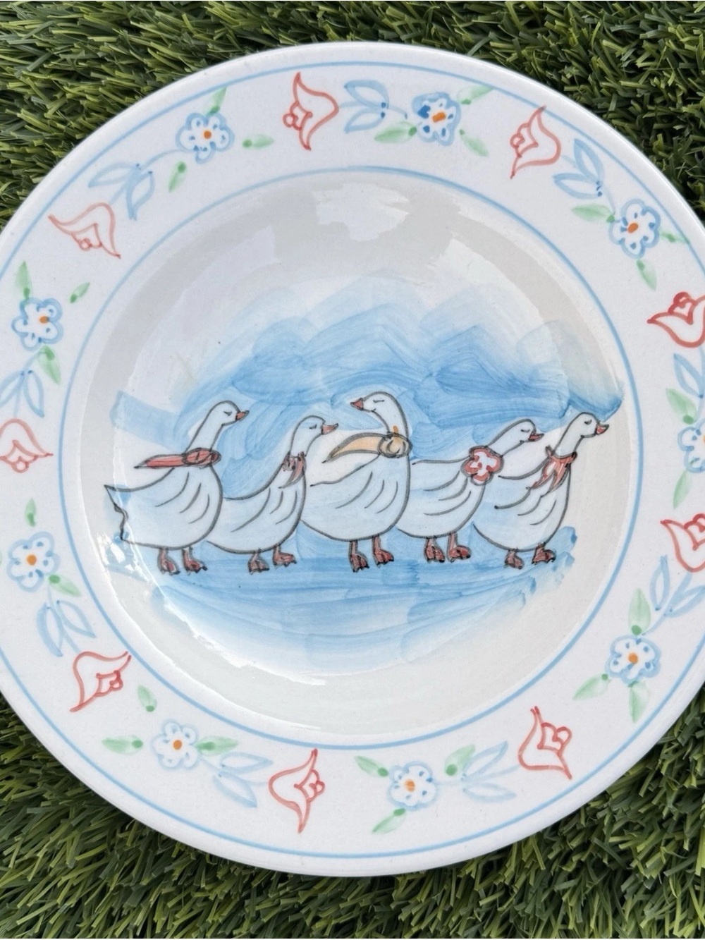 Hand-Painted White Goose Parade Decorative Plate